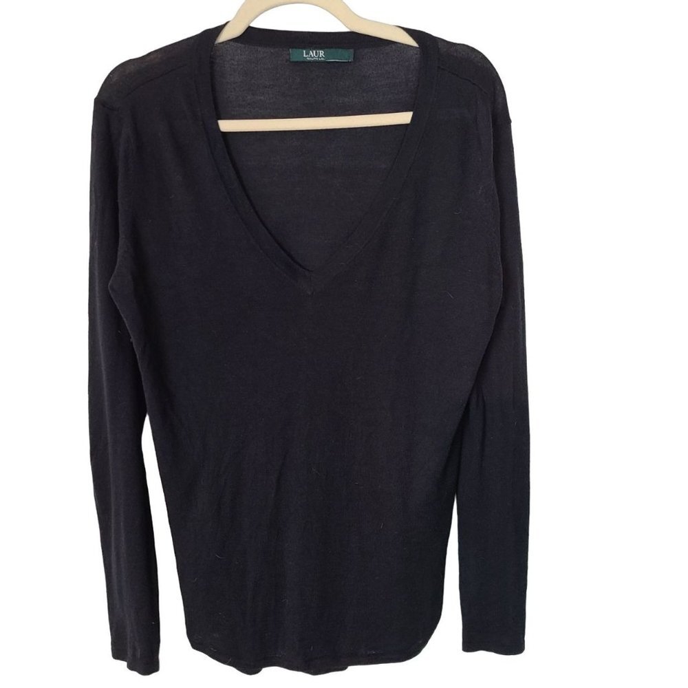Lauren Ralph Lauren Womens L Black Long Sleeves Silk Blend V-Neck Sweater